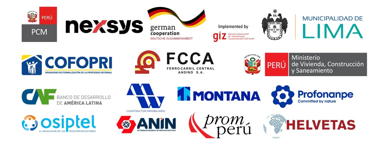 Collection of logos including PCM, Nexsys, German Institute, GIZ, Municipality of Lima, COFOPRI, FCCA, Peru Ministry of Housing, CAF, Montana, Profonanpe, OSIPTEL, ANIN, Prom Peru, and Helvetas