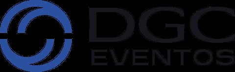 DGC Eventos logo con símbolo circular azul y texto gris oscuro sobre fondo negro